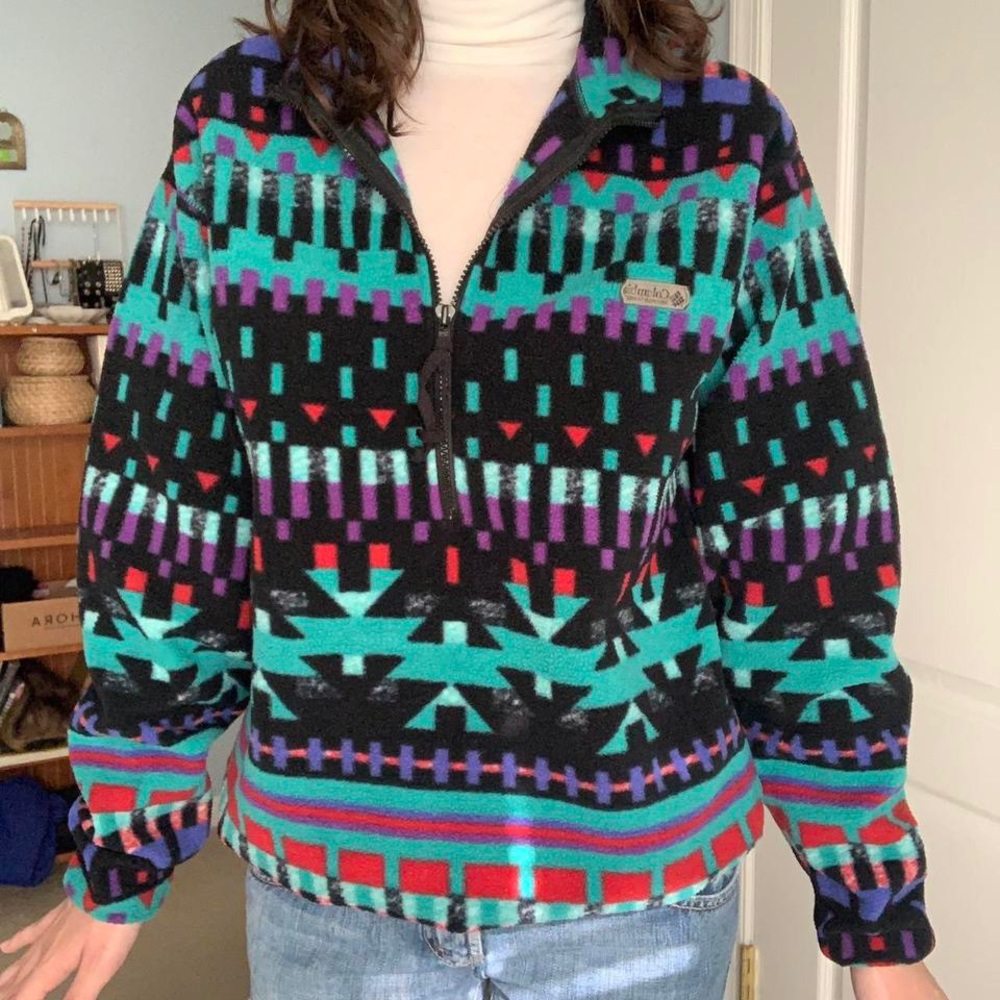 vintage 80s multicolor patterned quarter zip sweater by columbia